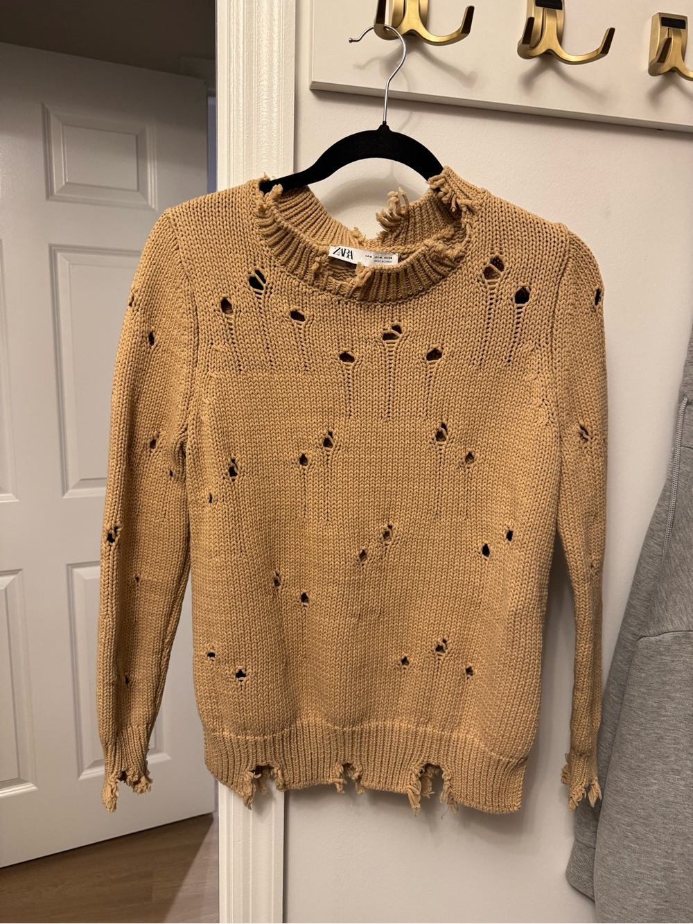Zara Distressed Crew Neck Sweater in Camel Tan